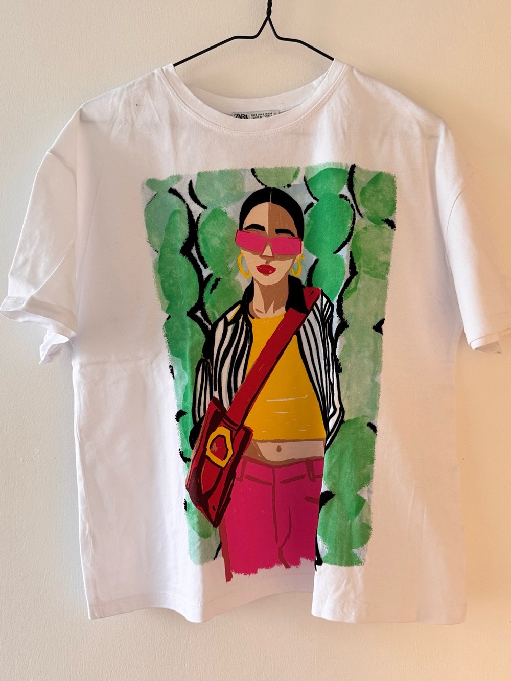 Zara White Graphic Tee with Pink and Yellow Pop Art